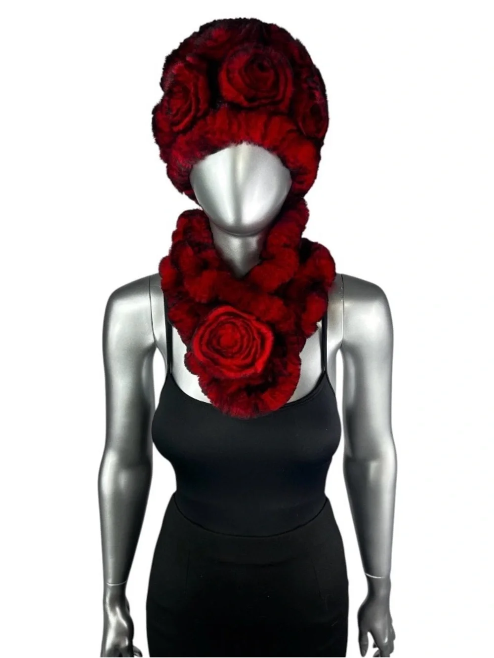 Red REX RABBIT Hat and Scarf w/Rosettes, One Size 21”-23” w/Stretch
